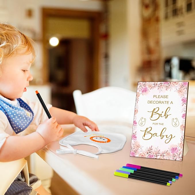 SytuHe 95 Pcs DIY Baby Bibs Decorating Kit50 White Bibs 24 Stencils 20 Fabric Markers 1 Baby Shower Game Sign