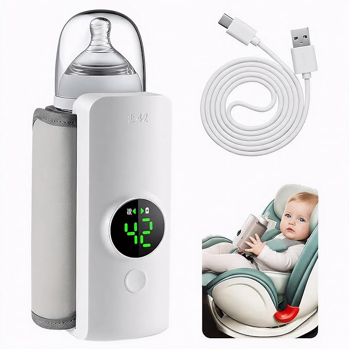 Portable Baby Bottle Warmer for Travel, Fast Heating & Precise Temp Control, Cordless Rechargeable Milk Warmer with LED Display, Waterless & Even Warming for Breastmilk On The Go