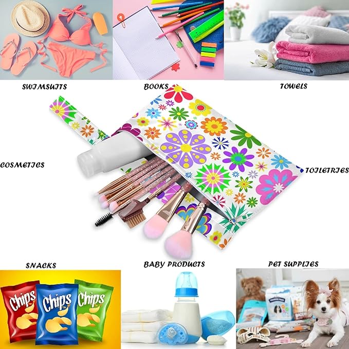 visesunny Colored Little Flower 2Pcs Wet Bag with Zippered Pockets Washable Reusable Roomy for Travel,Beach,Pool,Daycare,Stroller,Diapers,Dirty Gym Clothes, Wet Swimsuits, Toiletries