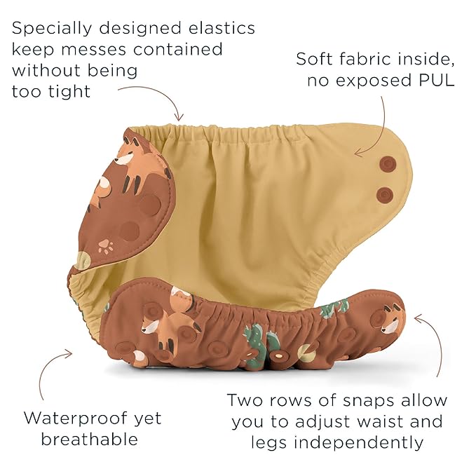 Esembly Cloth Diaper Bundle Set - 3 Organic Cotton Absorbent Inners and 1 Waterproof Outer Diaper Cover - Reusable, Washable, Snap Closure Cloth Diapers - Size 2 (18-35lbs), Foxes