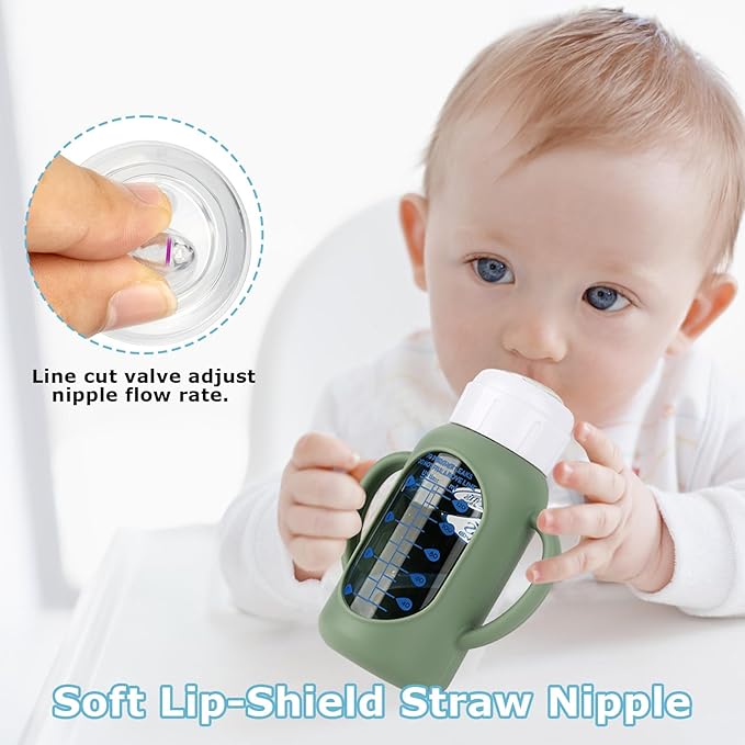 Sippy Straw Cup Conversion Kit with Silicone Sleeves for Dr. Brown's Narrow Glass Baby Bottle 4oz,Anti Breakage Baby Bottles Replacement Kit with Handle and Soft Sippy Spout,6m+,Set of 3