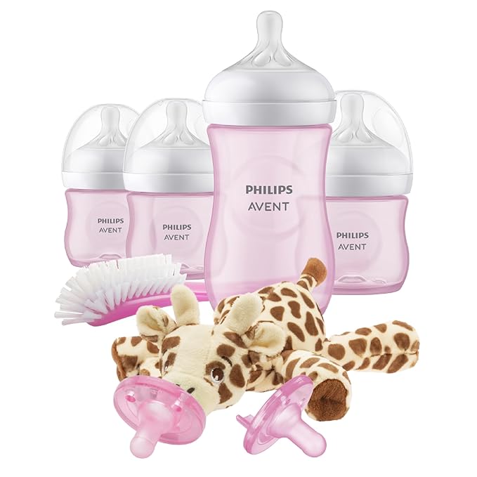 Philips Avent Natural Response Baby Gift Set - 3X 4oz Pink Bottles with Slow Flow Nipples (Flow 2), 1x 9oz Pink Bottle with Medium Flow Nipples (Flow 3), 2X Soothie Pacifiers 0-3m, SCD838/03