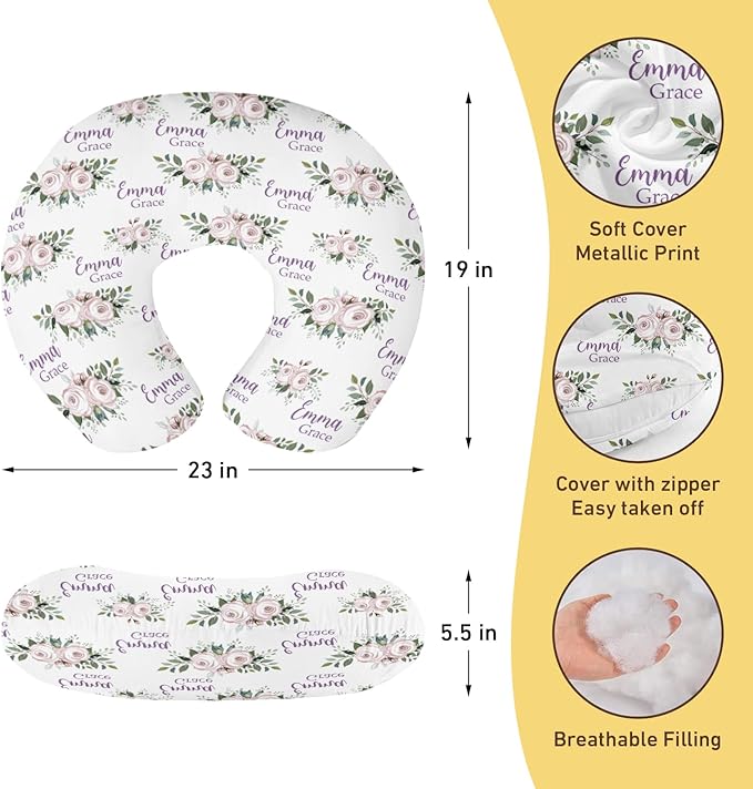 Customizable Flowers Baby Nursing Pillow Cover - Add Your Baby's Name, Ultra-Soft Stretch Fabric, Fits Standard Nursing Pillows, Ideal for Baby Showers Style 08