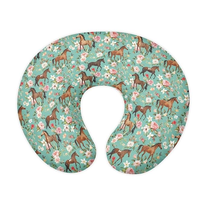 Flower Horse Nursing Pillow Cover for Girl Boy Breastfeeding Pillow Slipcovers Stretchable Newborn U-Shaped Breastfeeding Pillowcase Cushion Covers Vintage Green