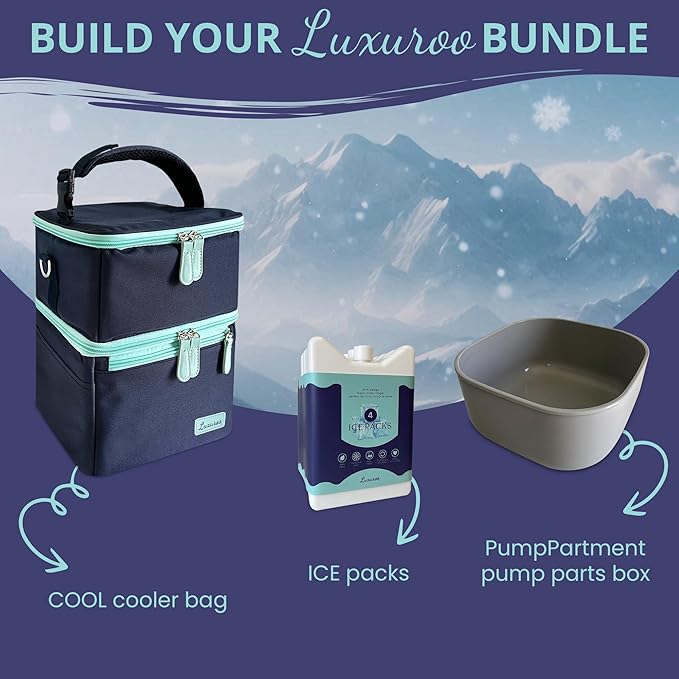 COOL Bundle Insulated Breast Milk Dual Layer Cooler Bag (Navy/Light Blue), Set of 4 ICE Slim Design Reusable Ice Packs, & BPA Free Dishwasher Safe PumpPartment Box Pumping Moms Bottles Daycare