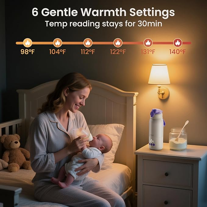 Portable Bottle Warmer for Travel, 3-Min Fast Heating Baby Bottle Warmer for Breastmilk & Formula, 12oz Rechargeable Milk Warmer with 6 Temp Settings, USB-C for Car, Airplane & Outdoor
