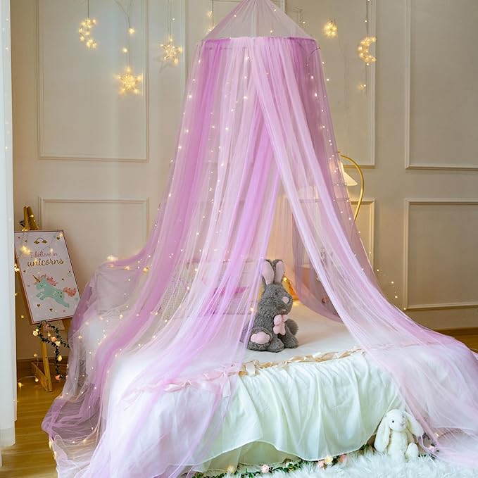 Princess Pink Purple Bed Canopy with Lights for Girls Bed Net,Princess Canopy for Kids Bed Room Decor (Pink Purple+Lights)