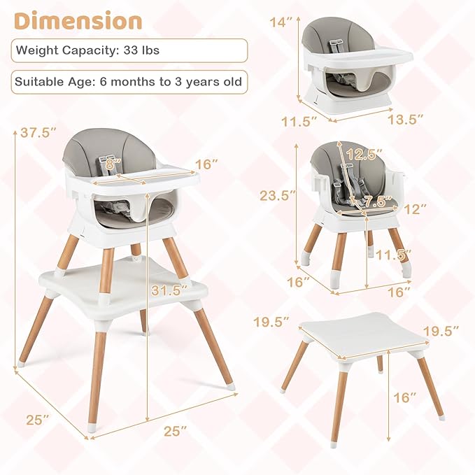 BABY JOY High Chair, 9-in-1 Convertible Highchairs for Babies and Toddlers, Booster Seat | Table & Chair Set | Stool, Adjustable Legs, Removable Tray, Safety Harness & PU Cushion (Gray)
