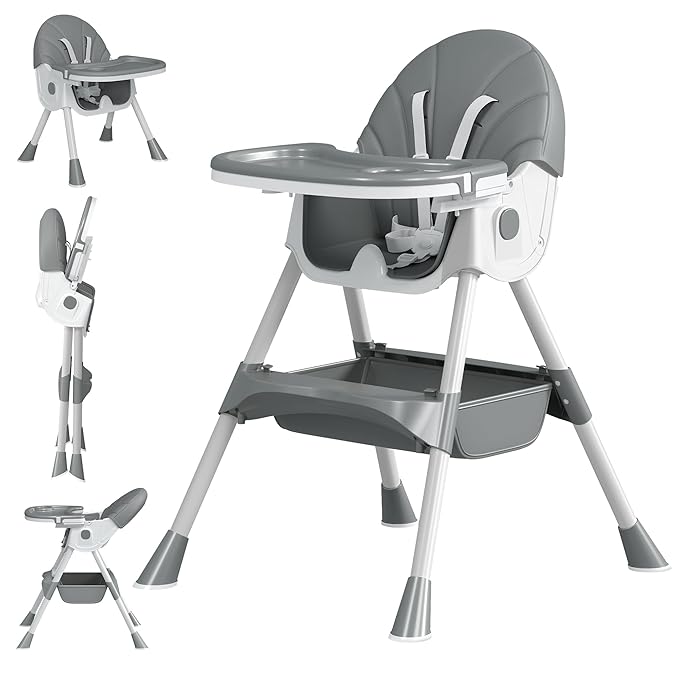 Baby High Chair, 5 in 1 High Chairs for Babies and Toddlers, Travel Foldable High Chair with Detachable PU Cushion, Double Removable Tray, Adjustable Height & Recline, Locking Wheels (Grey)