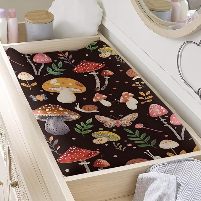 Cute Mushroom Changing Pad Cover Stretchy Soft Universal Tray Table Mat Waterproof Lightweight Breathable Cradle Sheets Fit 32"x16" Contoured Pad