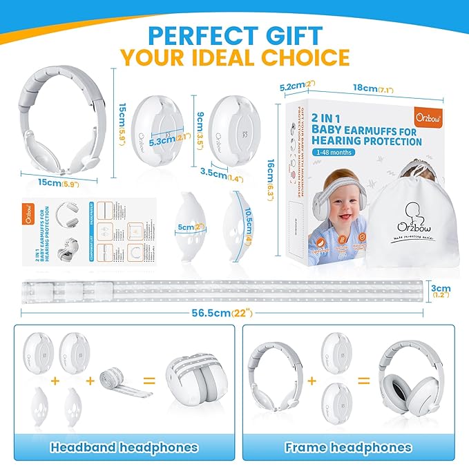 Orzbow 2-in-1 Baby Ear Muffs Noise Protection, Noise Cancelling Headphones for Babies up to 48 Months, Adjustable Infant Ear Protection with Non-Slip Band for Airplane Travel Sleep, White
