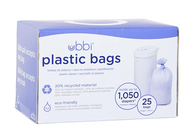 Ubbi Steel Odor Locking & Disposable Diaper Pail Plastic Bags, Single Pack, 25 Count, 13-Gallon Bags