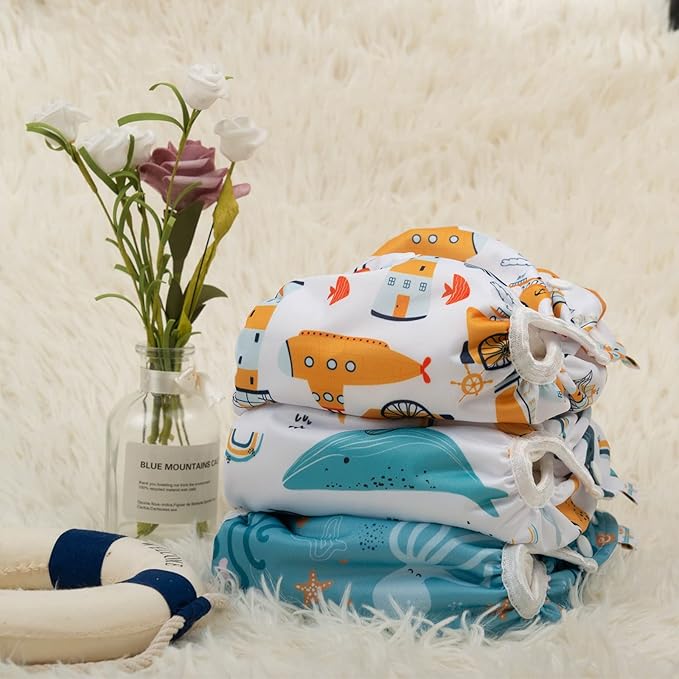 Babygoal Swim Diapers 3 Pack for 8M-3T Babies and Toddlers, Reusable Adjustable Washable for Baby Girl and Boy Swimming Lessons-Shark & Octopus
