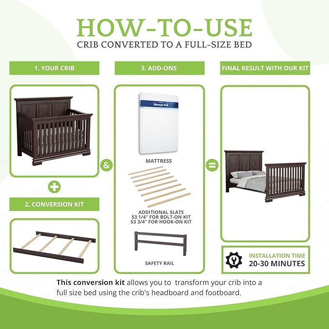 Full-Size Conversion Kit Bed Rails Compatible with Simmons Kids Convertible Cribs by Delta Children - Solid Wood Rail - Toddler and Adult Bed Rail for Full-Size (Antique Espresso, HOOK-ON KIT)