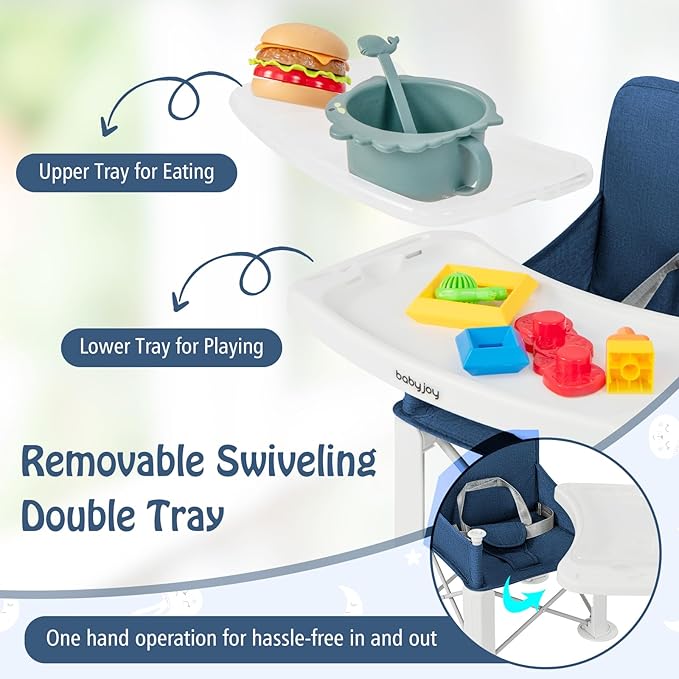 BABY JOY Travel Booster Seat with Double Tray, Folding Portable High Chair Booster Seat for Dining Table, Indoor/Outdoor Use, Camping, Beach, Lawn, Compact Baby Seat with Straps & Carrying Bag (Blue)
