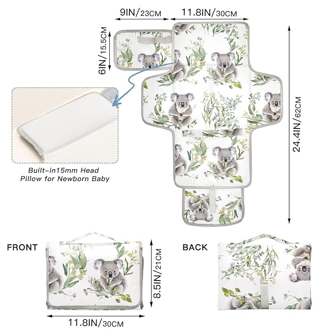 Reusable Diaper Changing Pads with Tissue Pocket Portable Changing pad for Baby with Built-in Pillow- Beauty Koala White