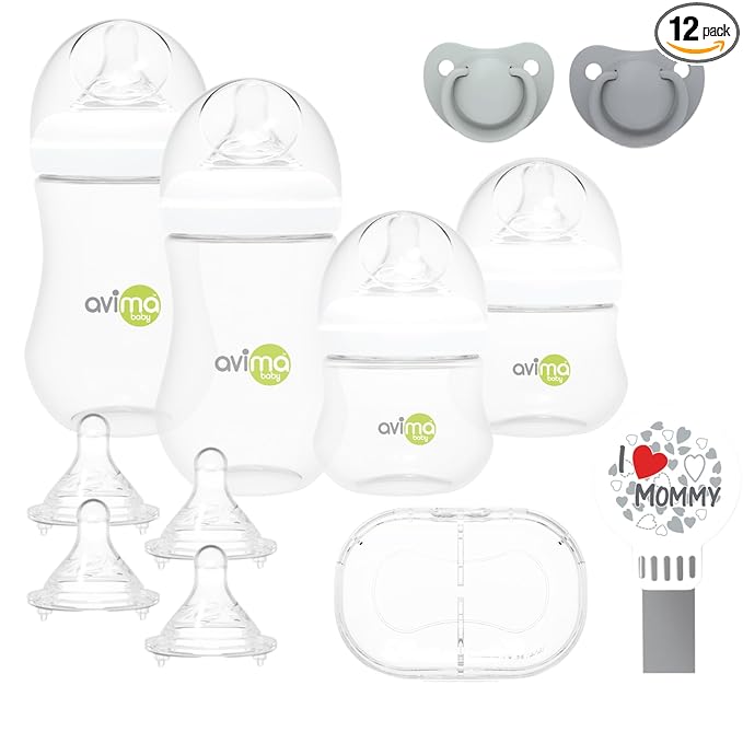 Avima Baby Wide Neck Bottle Starter Kit – 12 Piece Set. Anti Colic Feeding Set w/ 4 oz & 9 oz Baby Bottles, Slow & Medium Flow Nipples & Pacifiers, BPA Free