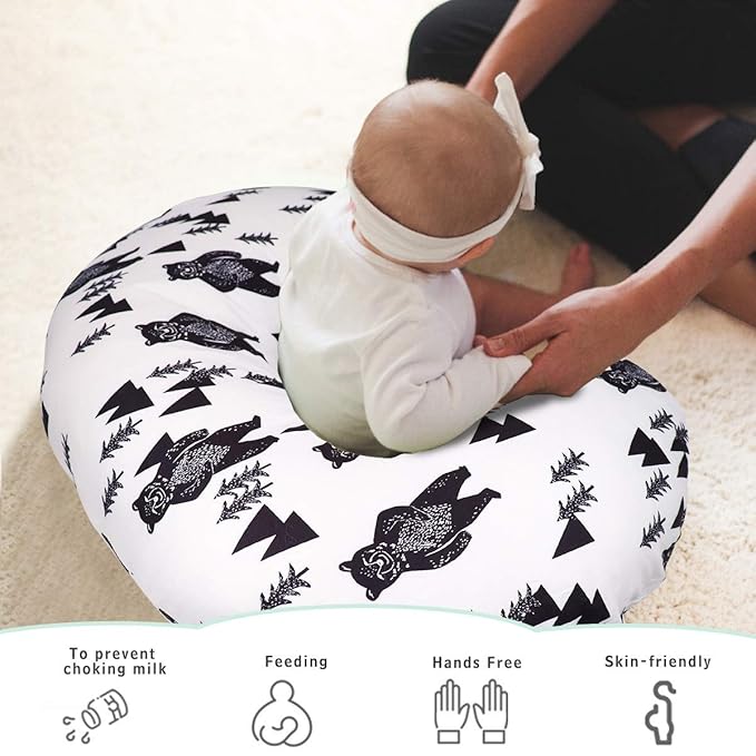 TANOFAR Bear Nursing Pillow Cover, Breastfeeding Pillow Slipcover for Baby Boys & Girls, Nursing Pillow Case for Newborn, Soft Fabric Fits Snug On Infant, Washable & Breathable, Black & White Animal