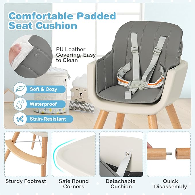 HONEY JOY Baby High Chair, 6-in-1 Eat & Grow Wooden Highchair/Toddler Chair with Removable Tray, 5-Point Harness, PU Cushion and Footrest, Convertible High Chair for Babies and Toddlers(Dark Gray)