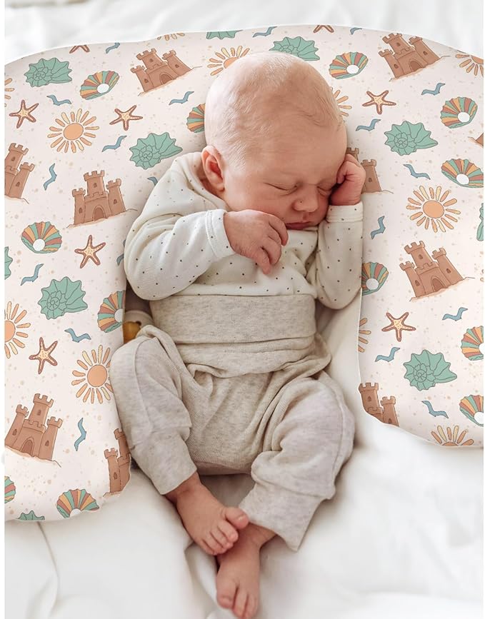 Boho Beach Summer Baby Nursing Pillow Covers for Boy Girl Retro Seaside Holiday Nursery Slipcovers for Breastfeeding Pillows Sun Seashells Castle Soft Stretchy Removable Cover for Newborn Infant