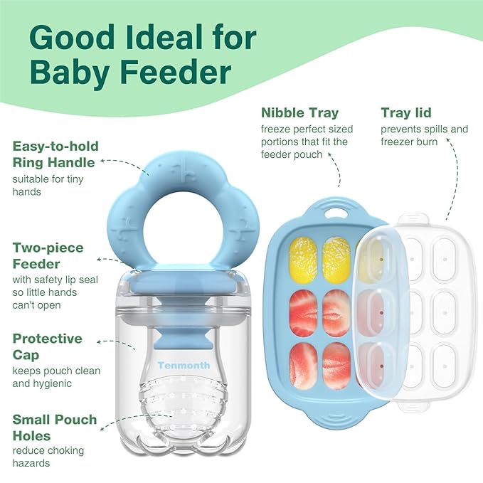 Baby Fruit Food Feeder Breastmilk Popsicle Molds with Freezer Tray, Tenmonth Silicone Baby Feeder for Safe Infant Self Feeding 2 Pack, BPA Free