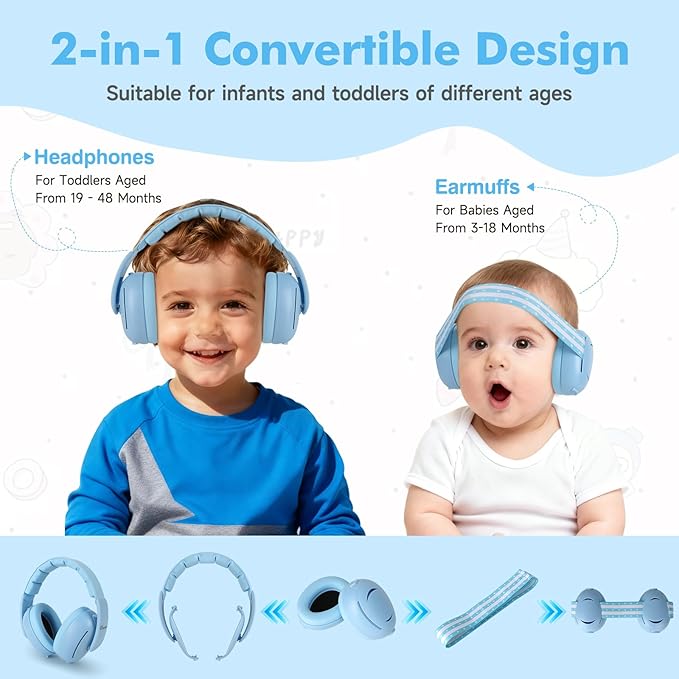 [2-in-1] Baby Ear Muffs Noise Protection - [Two Modes] Baby Headphones for Noise Cancelling Headphones- Infant Headphones Noise Cancelling - Ear Protection for 3 Months to 4 Years
