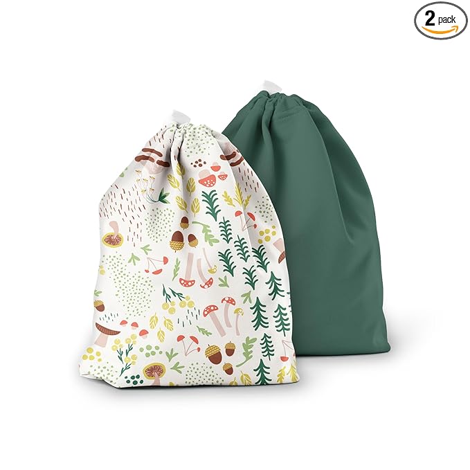Esembly Ditty Bag Duo - Reusable Waterproof Wet Bags for Cloth Diapers, Swimsuits, Toiletries, and Snacks, Set of 2 - Fantastic Fungi and Forest
