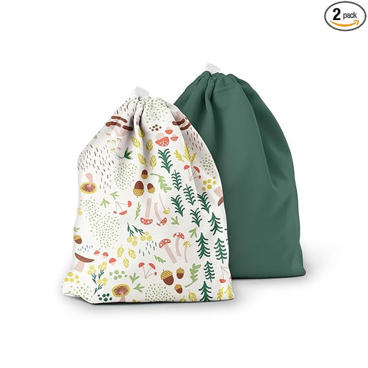 Esembly Ditty Bag Duo - Reusable Waterproof Wet Bags for Cloth Diapers, Swimsuits, Toiletries, and Snacks, Set of 2 - Fantastic Fungi and Forest