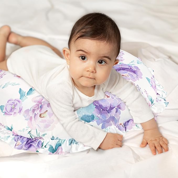 Ruffle Nursing Pillow Cover, Removable Stetchy Case for Breastfeeding Pillows, Ultra Soft and Breathable Feeding Pillow Slipcover with Modern Design Lace for Infant Girls Boys, Purple Floral