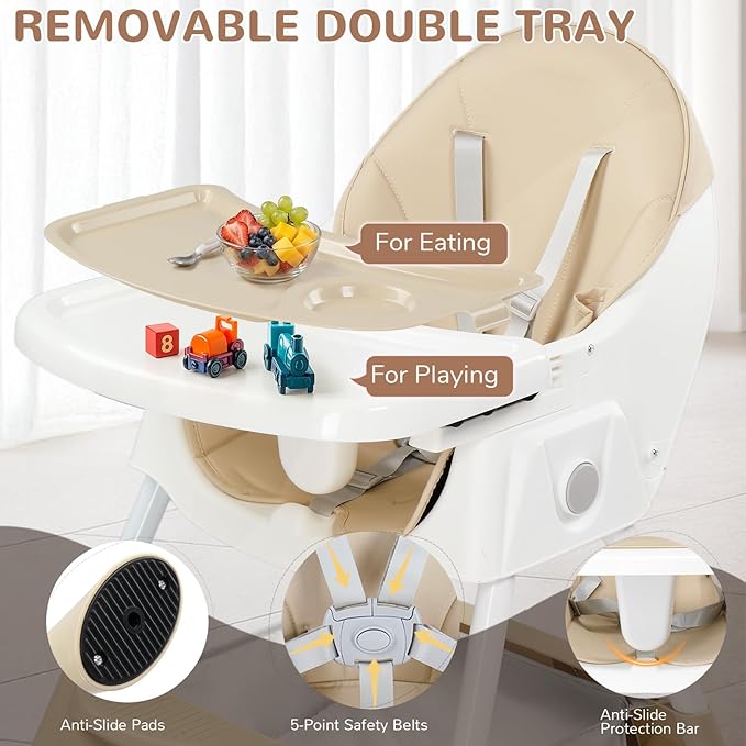 Ktaxon Foldable Baby High Chair, 2-in-1 Portable Convertible Highchair with 5-Point Safety Harness, Easy to Clean Tray and Storage Bag for Toddlers & Babies, Beige