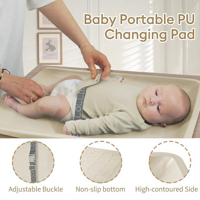 Wipeable Waterproof Baby Changing Pad, Large PU Diaper Pad for Changing Table and Dresser, Easy-Clean with Adjustable Buckle, No-Slip Bottom (Beige)