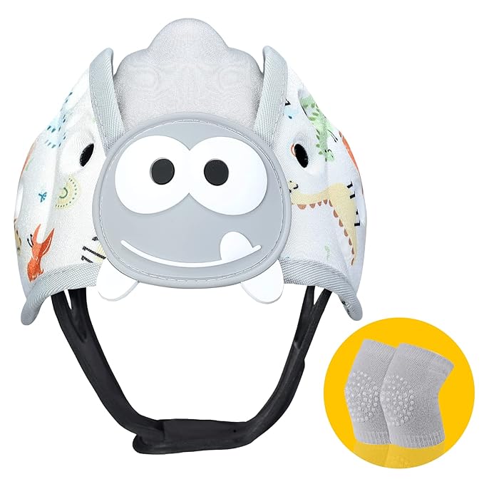 Baby Head Protector for Crawling and Walking, Anti-Collision Soft Infant Helmet for 6-24 Months, Breathable & Ultra-Lightweight & Expandable and Adjustable (Gray Dinosaur)
