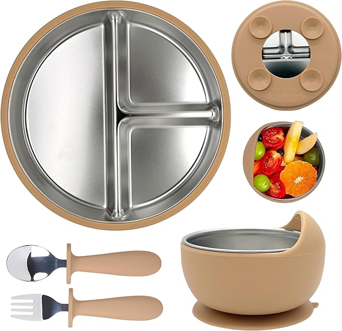 MOMERA Stainless Steel Baby Feeding Set | Suction Plate & Bowl with Spoon Fork | Divided Toddler Plate | BPA‑Free, Durable, Easy to Clean
