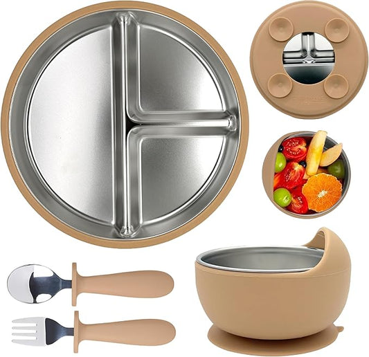 MOMERA Stainless Steel Baby Feeding Set | Suction Plate & Bowl with Spoon Fork | Divided Toddler Plate | BPA‑Free, Durable, Easy to Clean