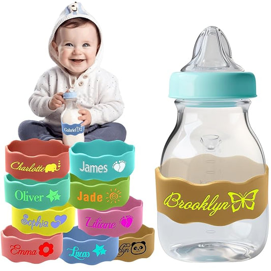 Personalized Water Bottle Name Bands Custom Coloring Silicone Labels Customized Silicone Baby Bottle Labels for Daycare Reusable Baby Bottle Straps for Kids Cups School Waterproof-Brown