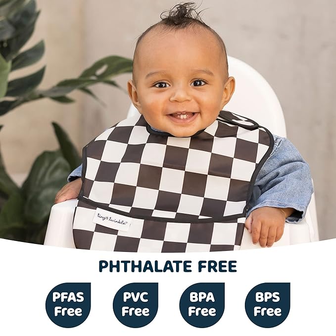 Tiny Twinkle Mess-Proof Baby Bibs for Eating | Waterproof, Wipeable Toddler Bibs with Catch-All Pocket | Feeding Bibs for Girls & Boys(3 Pack,Checkers Boy)