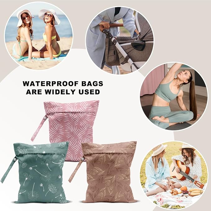3 PCS Dandelion Travel Laundry Bags 12x10 Inch, Waterproof Washable Reusable Wet Bag with Handle, Wet Dry Bag for Swimsuit Travel Beach Pool Diapers Dirty Yoga Gym Clothes Stroller Toiletries