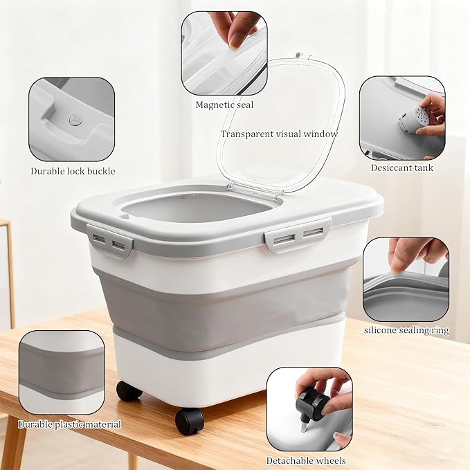 20-30 Lbs Rice and Pet Food Storage Container - Collapsible Airtight Food Storage with Rolling Wheel & Locking Lid, Flour Container with Cup & Scoop for Rice, Flour, Pet Food (Grey)