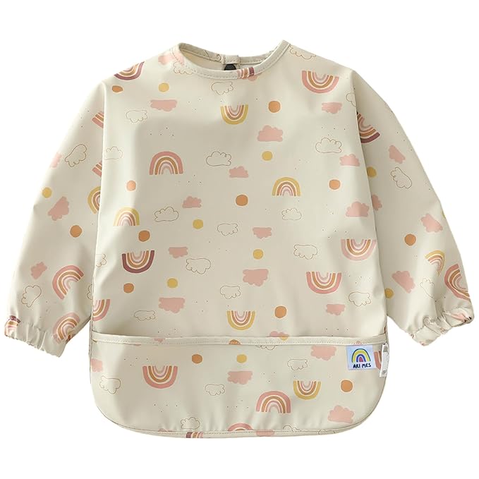 ARI MES Waterproof Long Sleeve Baby Bib for Eating-Rainbow Pattern, Large-Toddler Smock with Catch-All Pocket, BPA Free, Machine Washable, Wearable Feeding Bib for Boys & Girls 6-72 Months