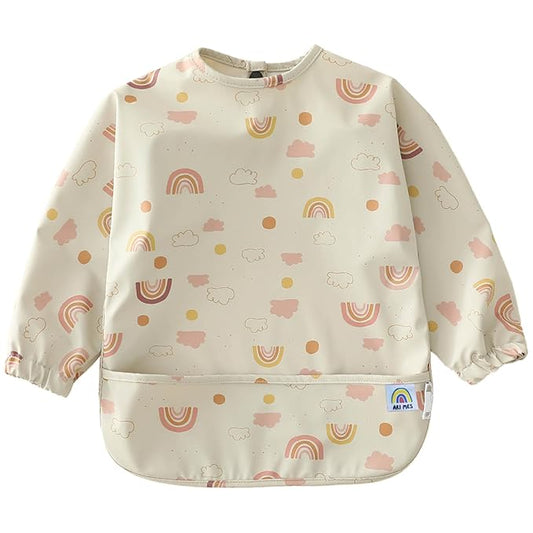 ARI MES Waterproof Long Sleeve Baby Bib for Eating-Rainbow Pattern, Medium-Toddler Smock with Catch-All Pocket, BPA Free, Machine Washable, Wearable Feeding Bib for Boys & Girls 6-72 Months