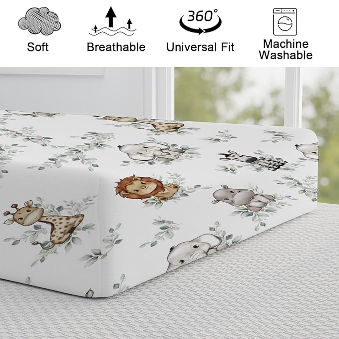 Baby Safari Animals Green Leaves Changing Pad Covers Lion Elephant Giraffe Zebra Hippo Boho Leaf Diaper Change Table Pad Covers for Girl Boy Soft Breathable Stretch Changing Mat Sheets 32''x16''