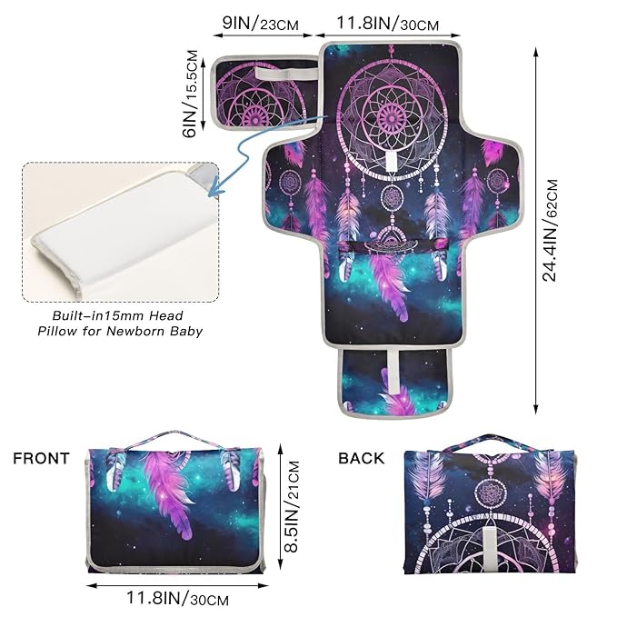 Dream Catcher Baby Changing Pad - Waterproof Diaper Changing Pad with Built-in Pillow - Portable Travel Changing Mat for Newborn Girl & Boy