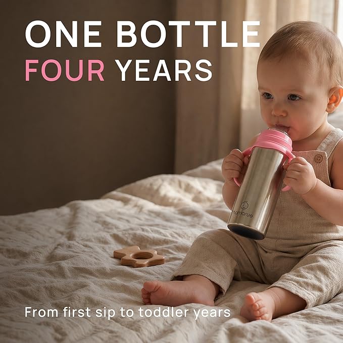 3-in-1 Stainless Steel Baby Bottle – Converts from Newborn Bottle to Sippy Cup to Straw Cup, Ages 0–4, Leak-Proof, 8 oz Pink