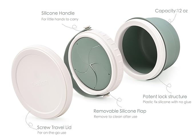 No Spill Silicone Toddler Snack Containers, Detachable Silicone Flap for Filling&Cleaning, Crumb-Free Hard Plastic Screw Travel Lid, Ultra-Soft for Baby Kids Hand In-Out, Snack Cup Holder 12 oz