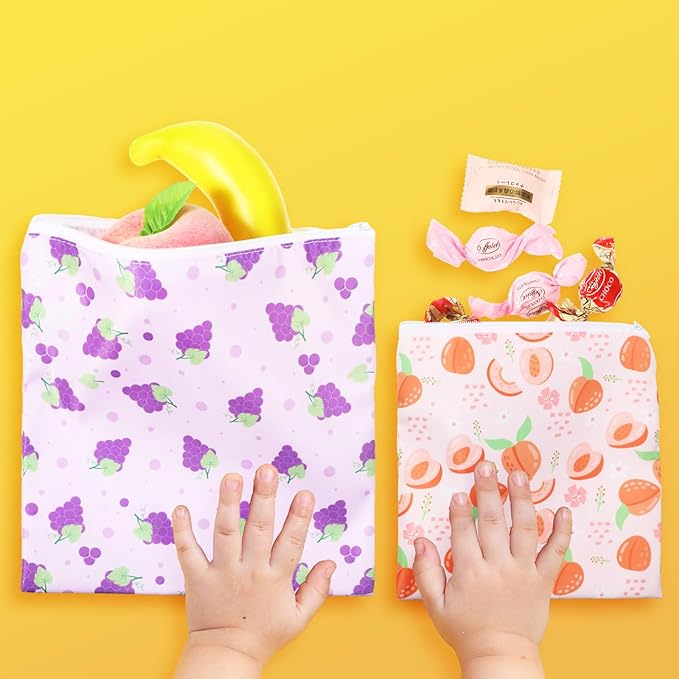 Paterr 4 Pcs Sandwich Bag Reusable Zipper Snack Bags Washable Food Safe Lunch Bags for Kids Students Adults Food (Fruit)