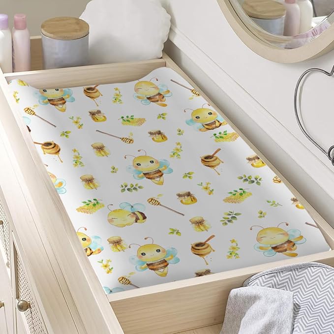 Cartoon Bees Boho Leaves Honey Changing Pad Covers for Baby Toddler, 32''x16'' Soft Breathable Polyester, Yellow, Bees & Flowers Pattern, Water Resistant, Machine Washable