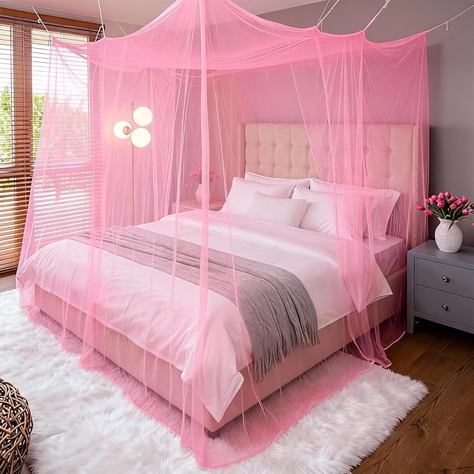 Mosquito Net for Bed - 4 Corner Bed Canopy with Fine Mesh Protection, Queen Size Bed, Easy Assembly Bug Net for Indoor/Outdoor Use, Camping & Travel