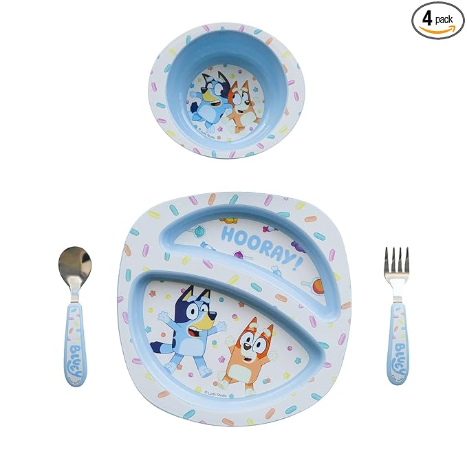 The First Years Bluey 4-Piece Place Setting - BPA Free Dishwasher Safe Toddler Dinnerware Set with Divided Plate, Bowl, Fork, Spoon - Multicolor