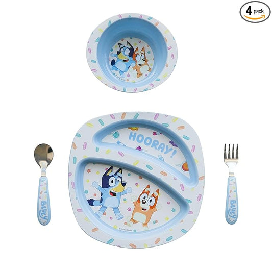 The First Years Bluey 4-Piece Place Setting - BPA Free Dishwasher Safe Toddler Dinnerware Set with Divided Plate, Bowl, Fork, Spoon - Multicolor