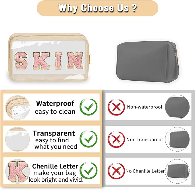 Chenille Letter Clear Makeup Bags Skin Pouch, Preppy Patch Makeup Bag with Zipper, Transparent PVC & Nylon Waterproof Portable Glitter Cosmetic Bag Travel Toiletry Storage for Women Girl(SKIN-Beige)